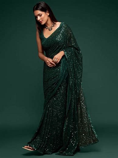 Green Saree with Machine-Embroidered Border and Matching Blouse